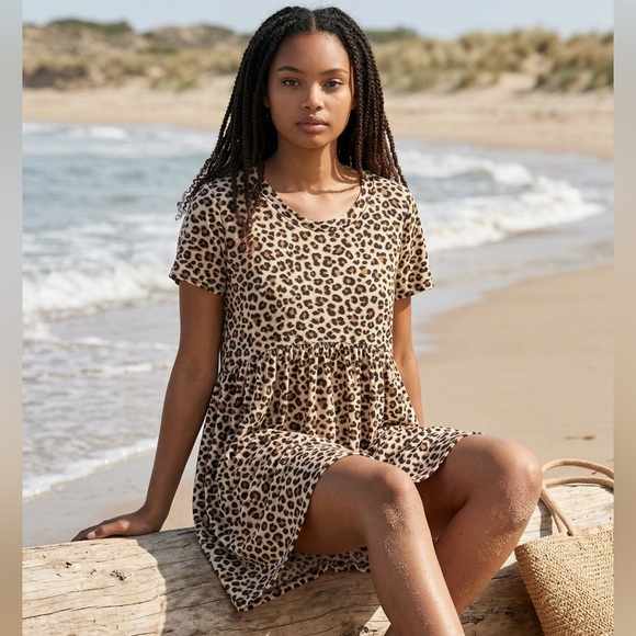 Haptics Dresses & Skirts - Leopard Print Short Sleeve Midi Dress - Beige/Black